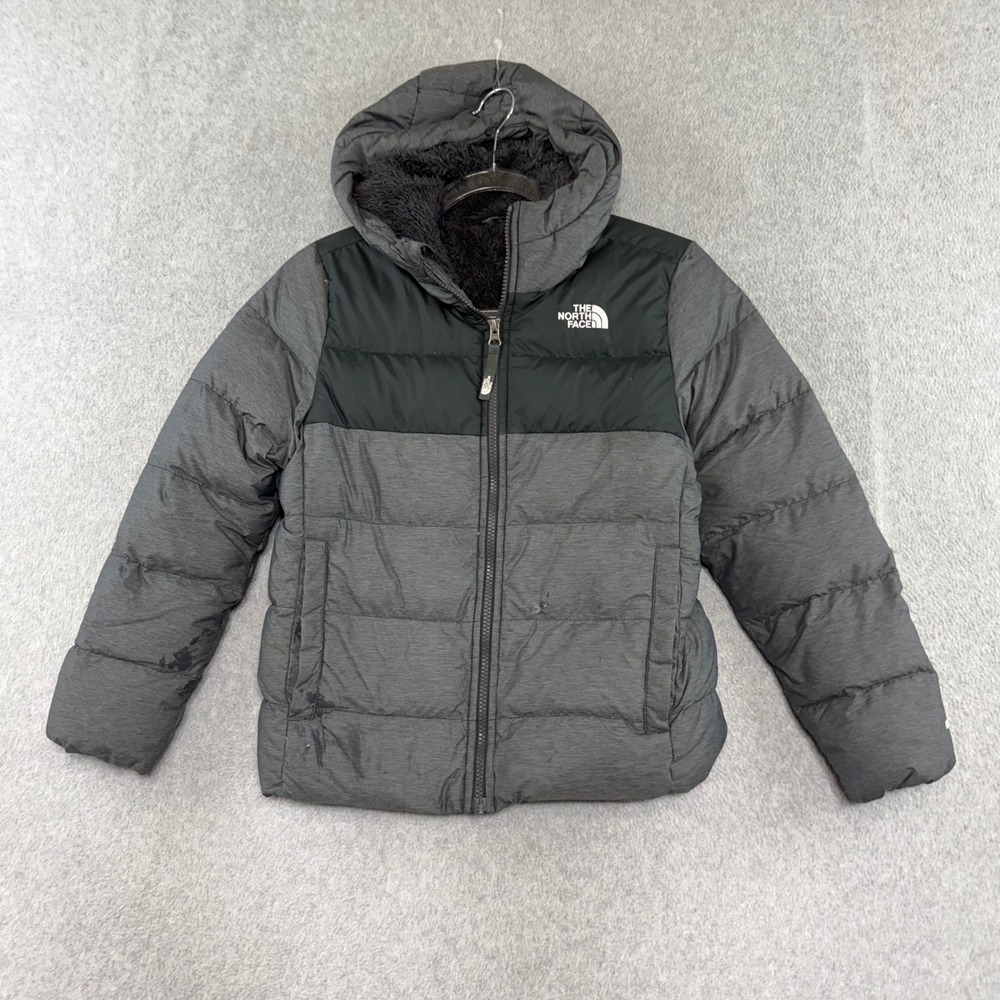The North Face 550 Puffer Jacket Youth M 10/12 Gray Black Winter Hooded Coat